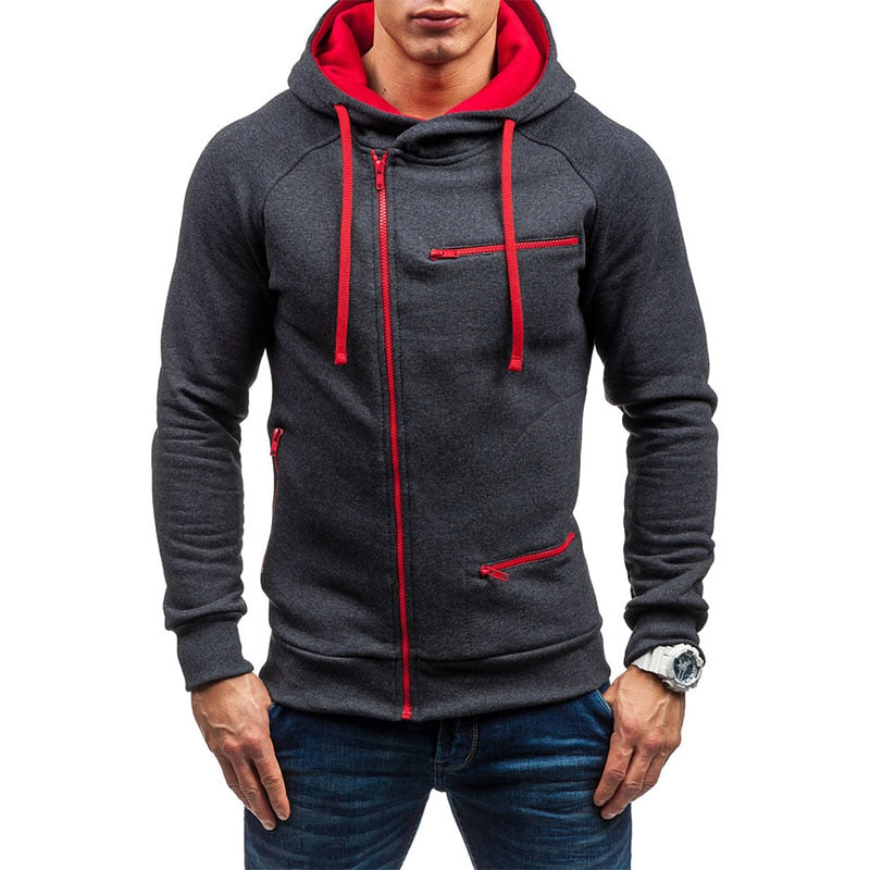 Donkergrijze heren hoodie met rode rits en capuchon