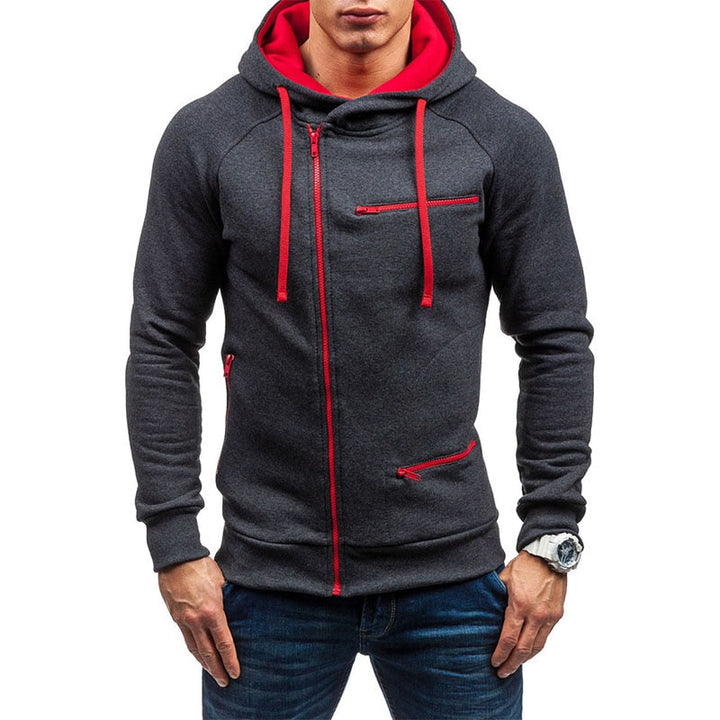 Donkergrijze heren hoodie met rode rits en capuchon