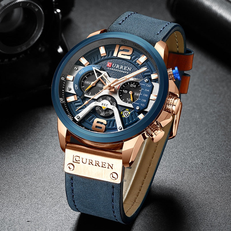 Close-up van het heren casual horloge, toont datumfunctie en nauwkeurig quartz uurwerk.