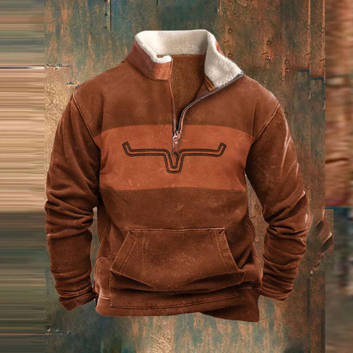 Stijlvolle heren pullover in bruine tinten met halve rits en opstaande kraag, voorzien van een kangaroozak.