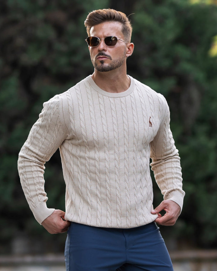 Man draagt beige heren ribgebreid sweatshirt met zonnebril