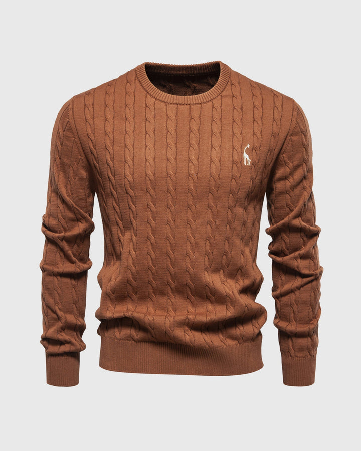 Bruin heren ribgebreid sweatshirt met ronde hals en geborduurd logo