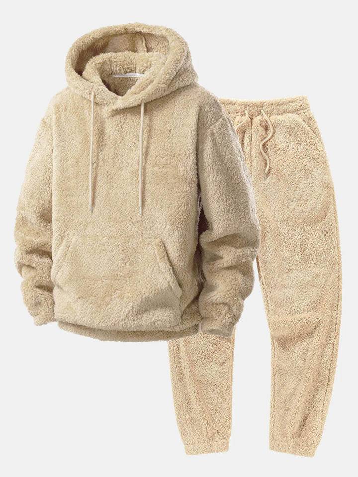 Beige pluche hoodie en jogger set voor heren