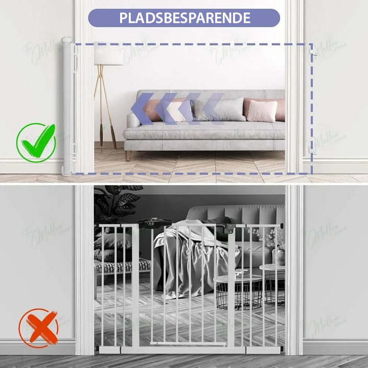 Wit uittrekbaar babyhekje stijlvol geïntegreerd in een modern interieur
