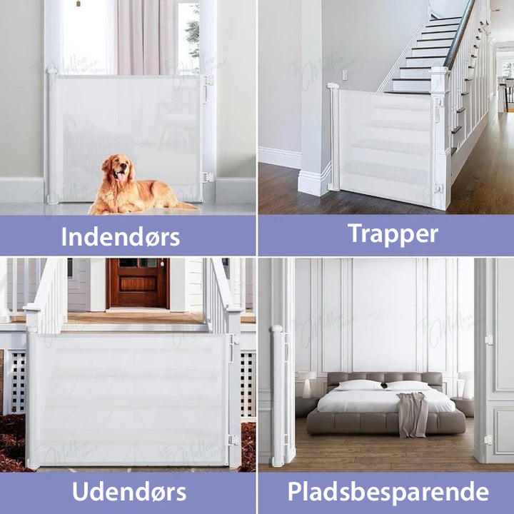 Uittrekbaar veiligheidshekje gemonteerd in een deuropening voor kinderen en huisdieren