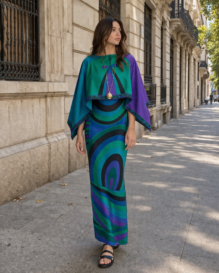 Stijlvolle blauw-groene maxi jurk voor dames, tweedelig model voor feestkleding