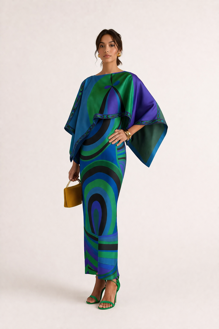 Model draagt een lange tweedelige damesjurk in blauw en groen met geometrische print en poncho