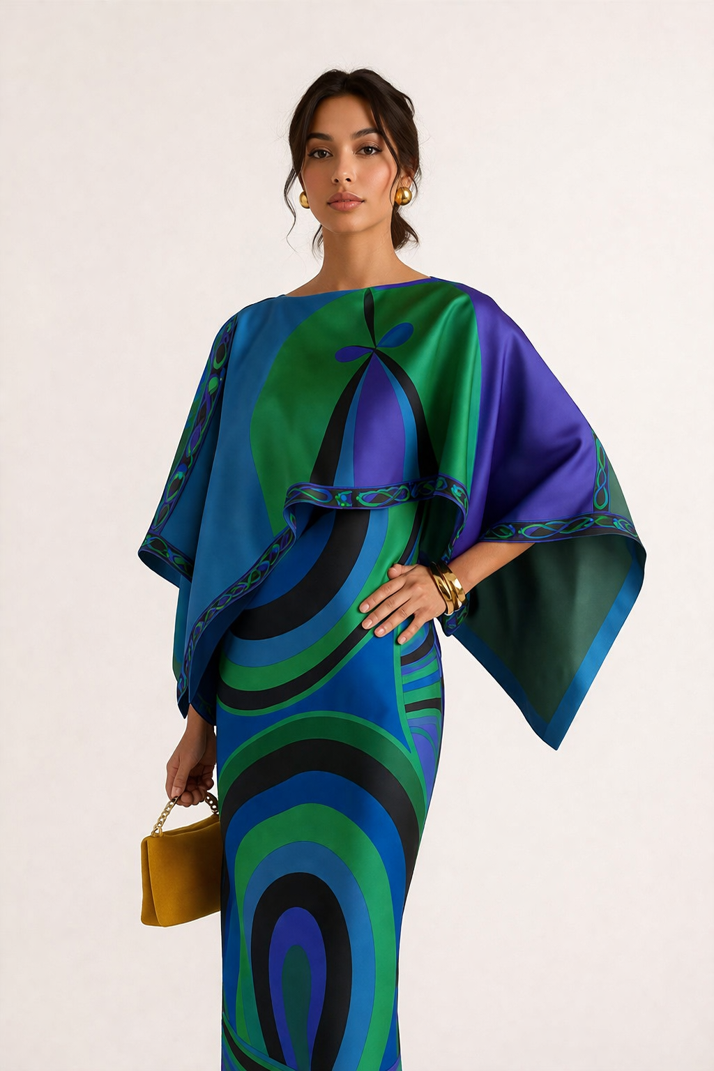 Detailopname van de bovenkant en de poncho-cape van de tweedelige damestrui