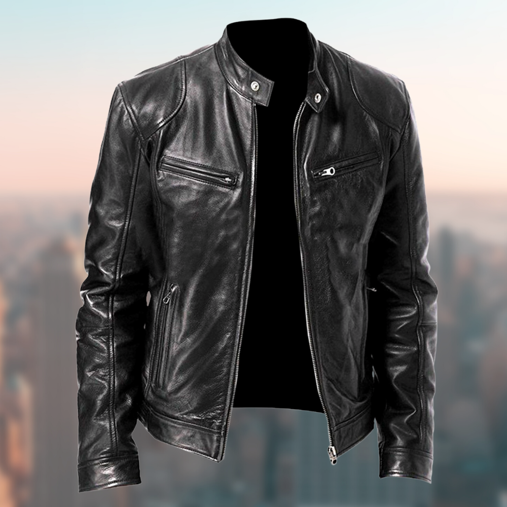 Zwart heren leren look jack, tijdloze stijl en comfort. Perfect voor casual en klassieke mode, alleseizoenen.
