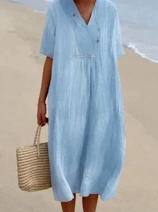 Lichte blauwe midi zomerjurk voor dames met V-hals