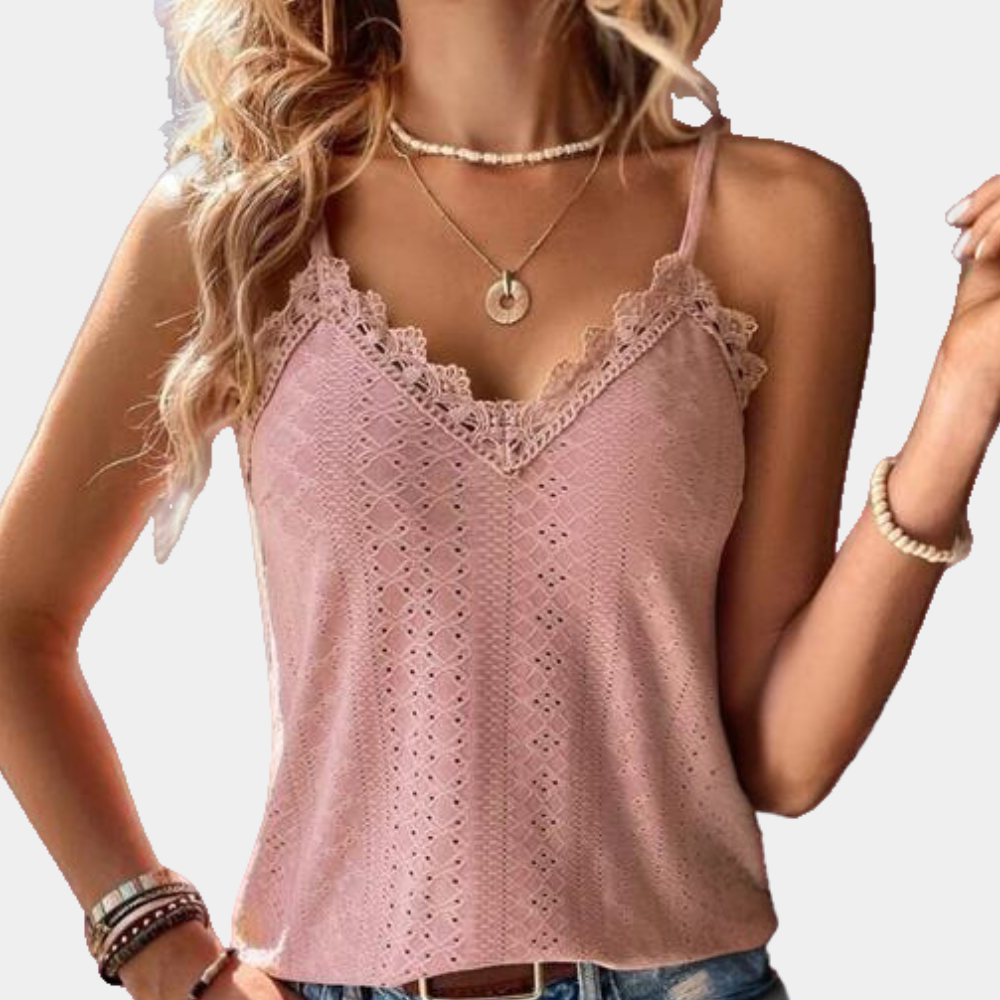 Casual damestop met kanten afwerking en V-hals, perfect voor de zomer