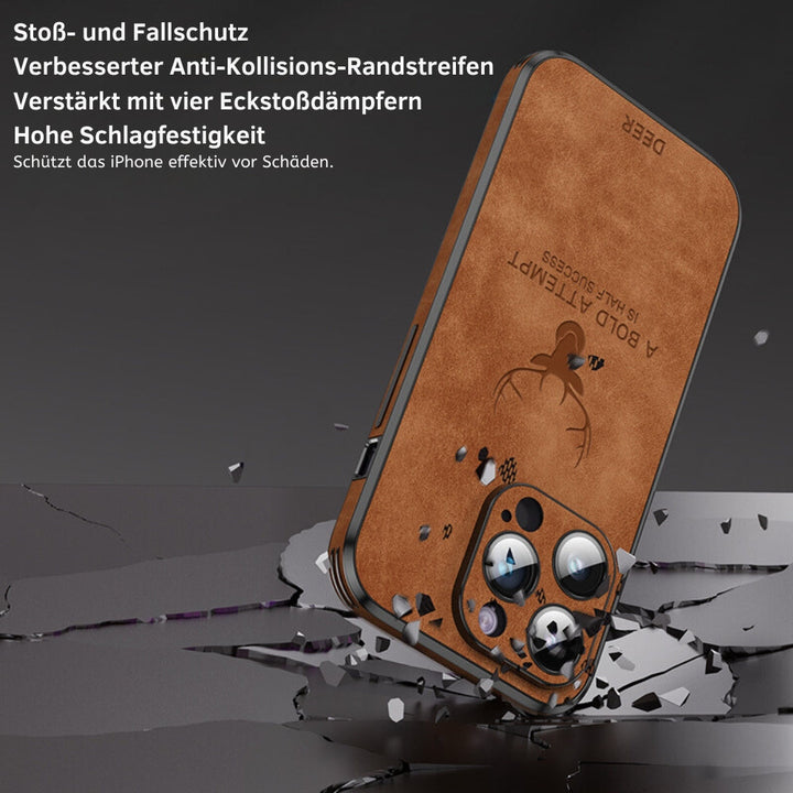 Premium bruin leren iPhone hoes, met gedetailleerde afwerking en bescherming.