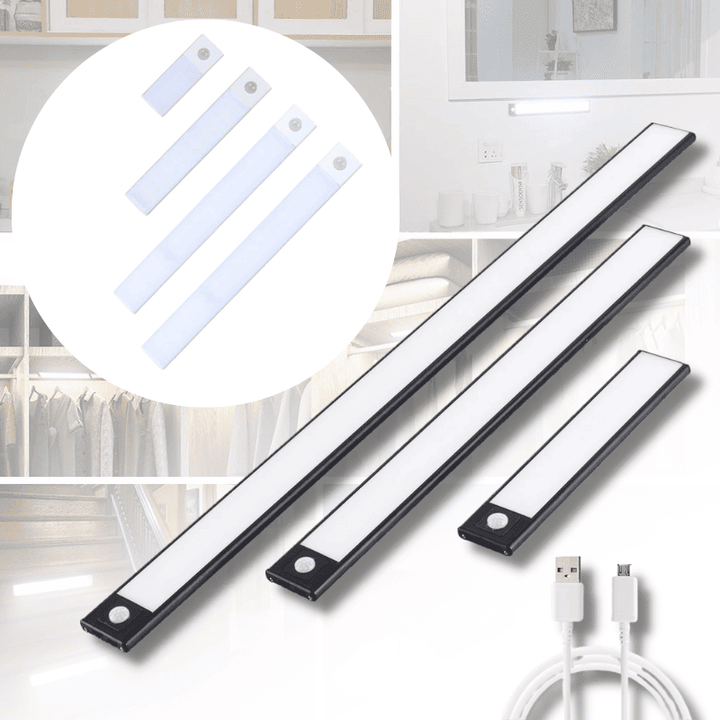 Oplaadbare LED-strips met bewegingssensor, getoond in diverse interieurtoepassingen met magnetische bevestiging