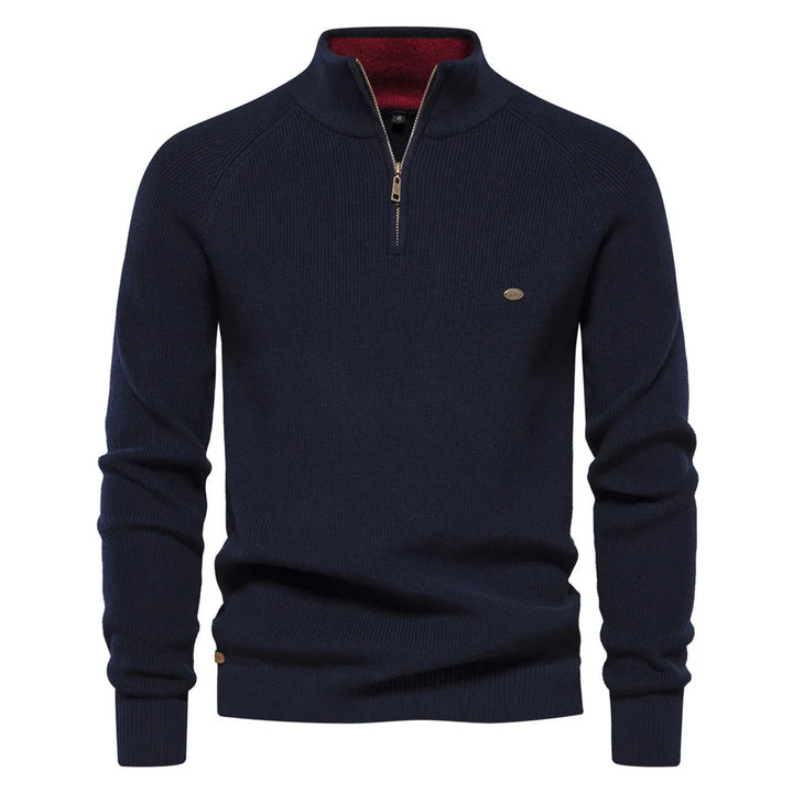 Gebreide heren trui met halve rits en comfortabele kraag in smart casual stijl