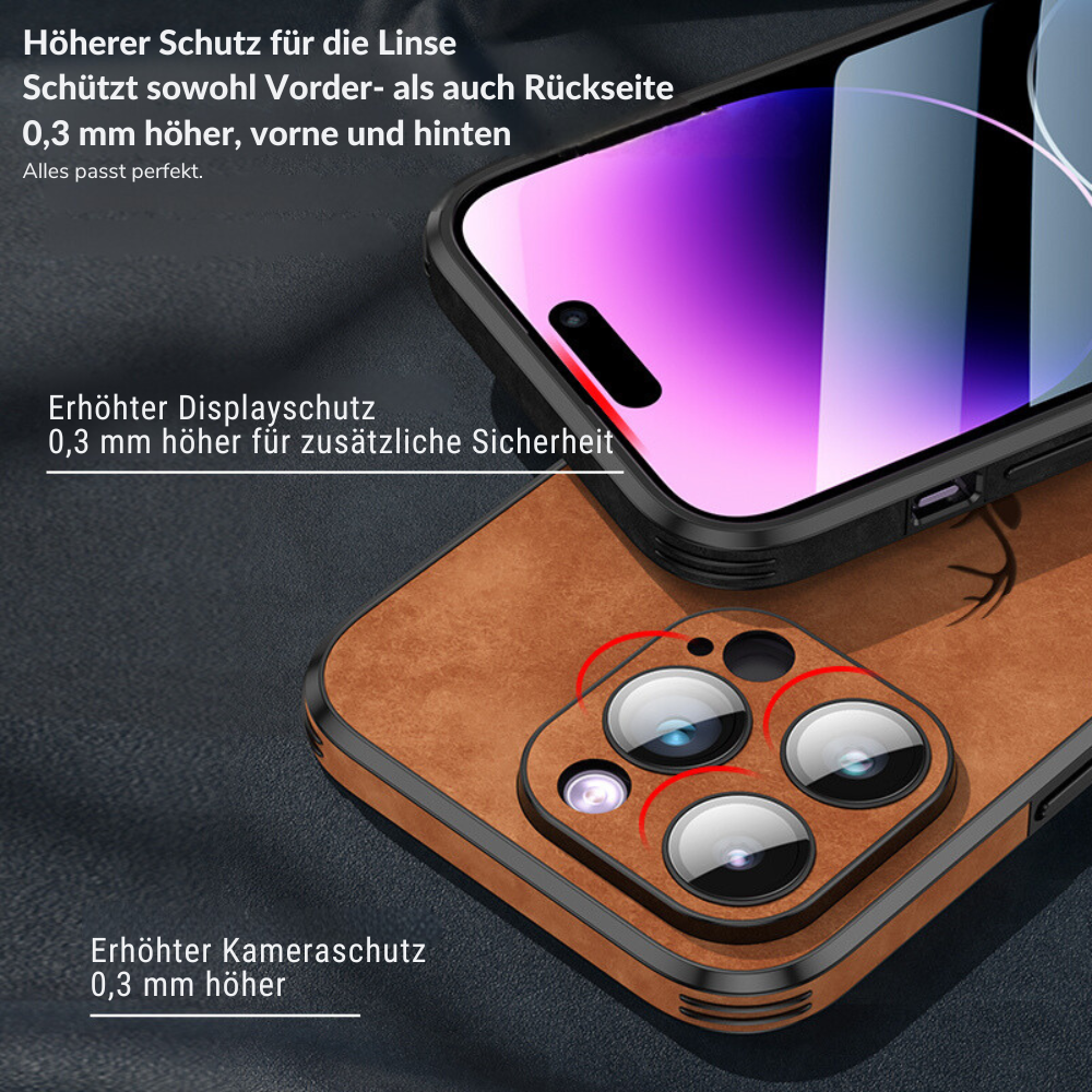 Minimalistisch zwart leren iPhone hoesje, strak design en schokdempend.