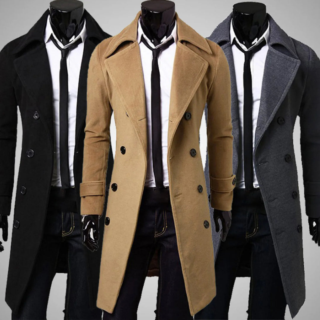 Heren Britse trenchcoat met dubbele rij knopen, ideale winddichte jas voor klassieke buitenmode.