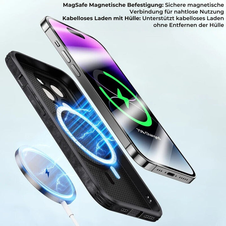 Diepblauw leren iPhone hoes met verhoogde randen voor extra schermbescherming.