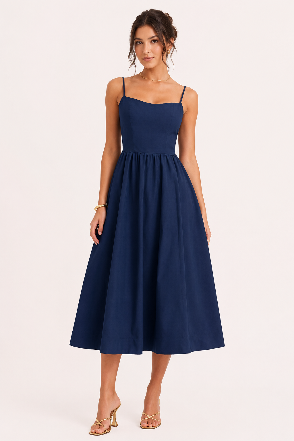 Blauwe casual midi jurk voor dames met elegante riem, perfect voor lente & zomer. Comfortabele damesmode.