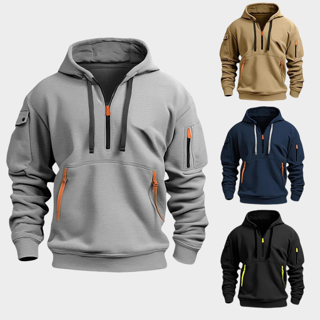 Volledige outfit met comfortabele stijlvolle trui en heren hoodie in trendy kleur