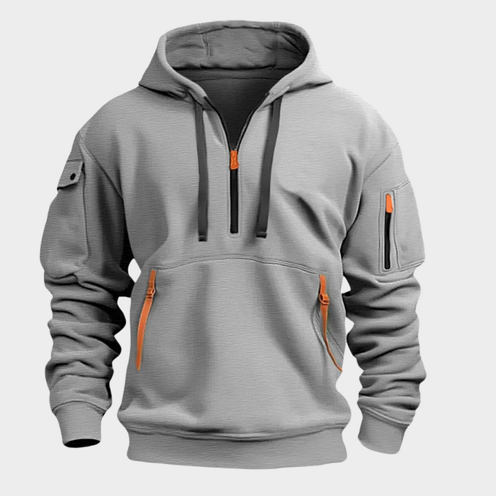 Lichtgrijze heren hoodie met capuchon en praktische zakken