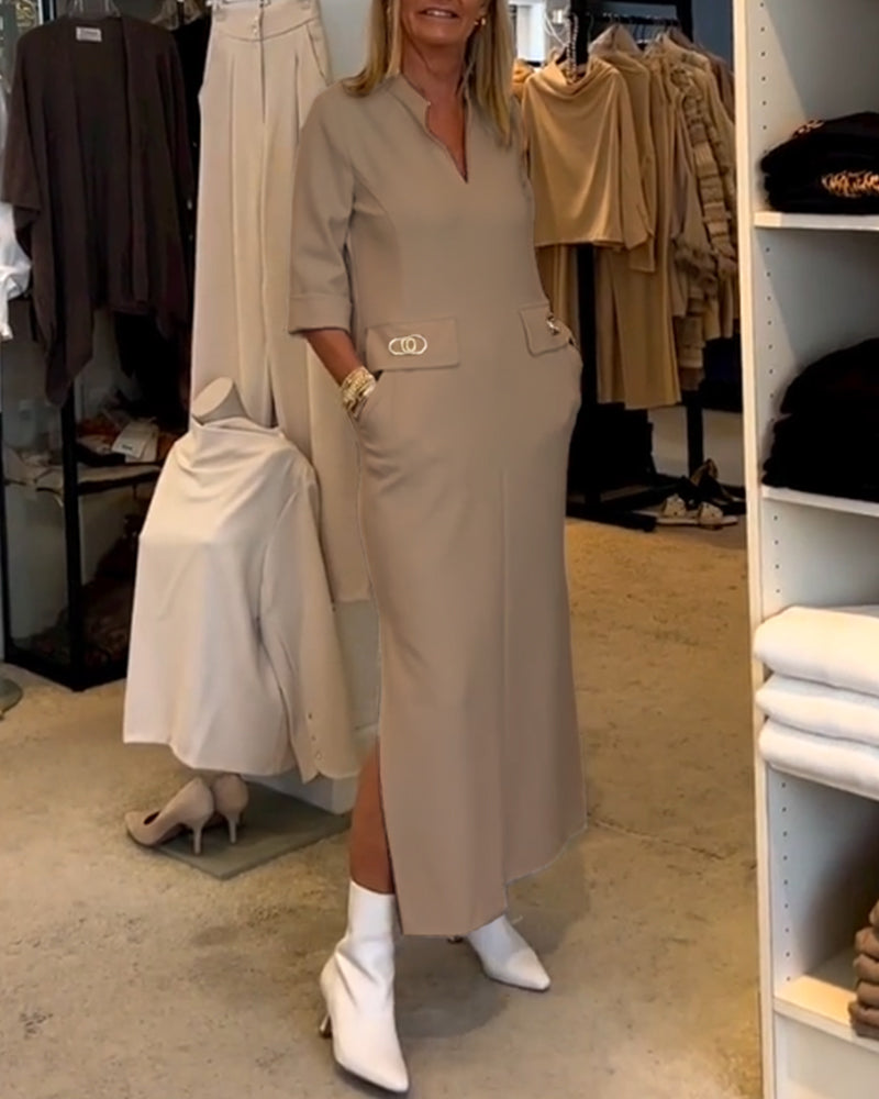 Stijlvolle beige dames maxi-jurk met handige zakken en comfortabele pasvorm