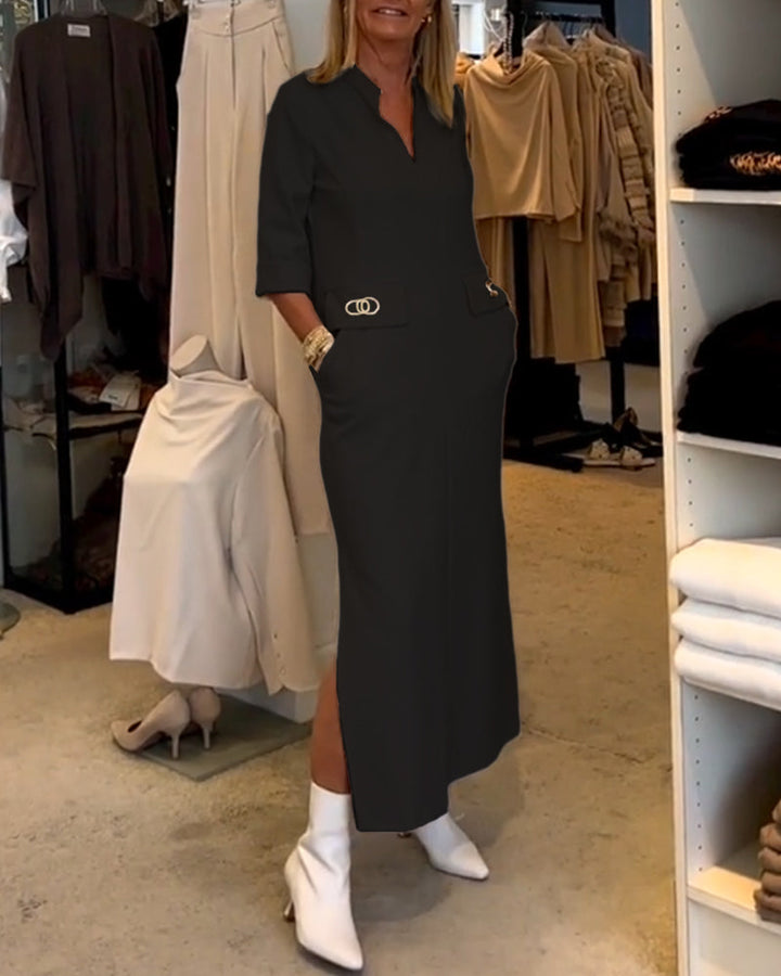 Chique zwarte maxi-zomerjurk voor dames met driekwart mouwen en split