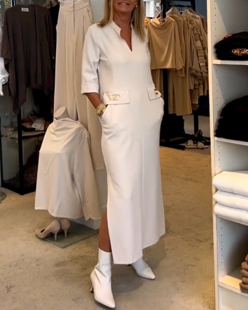 Stijlvolle groene maxi-zomerjurk met V-hals en elegante pasvorm