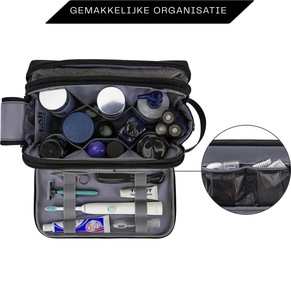 Details van zwarte reistoilettas met stevige rits en kwalitatieve afwerking voor reisaccessoires