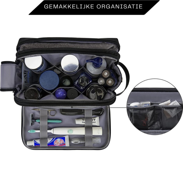 Details van zwarte reistoilettas met stevige rits en kwalitatieve afwerking voor reisaccessoires