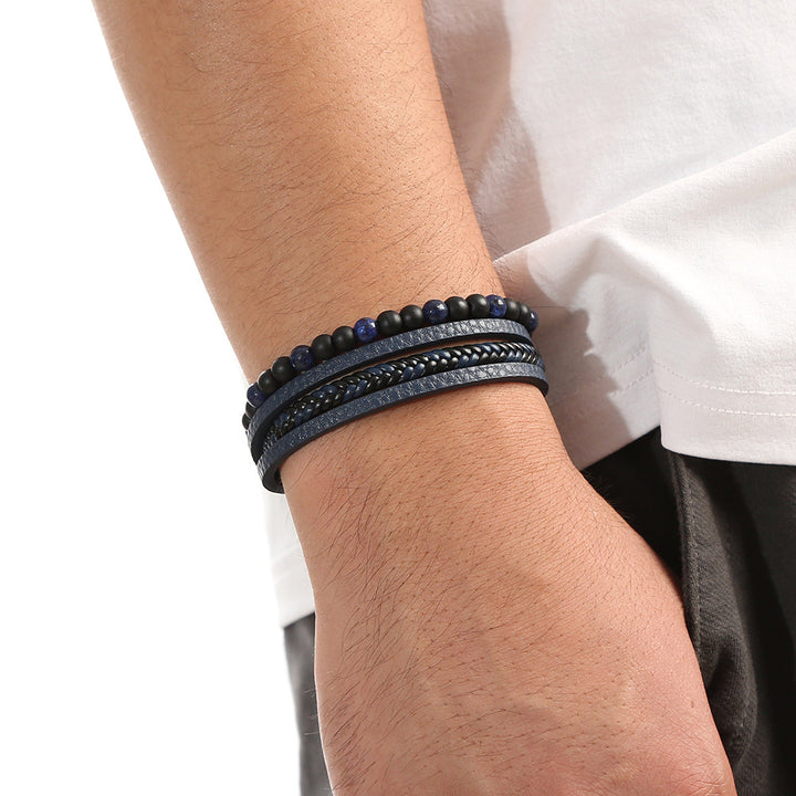 Heren Leren Armband met Gelaagd Design & Kralen | Stoere Stijl & Magnetische Sluiting