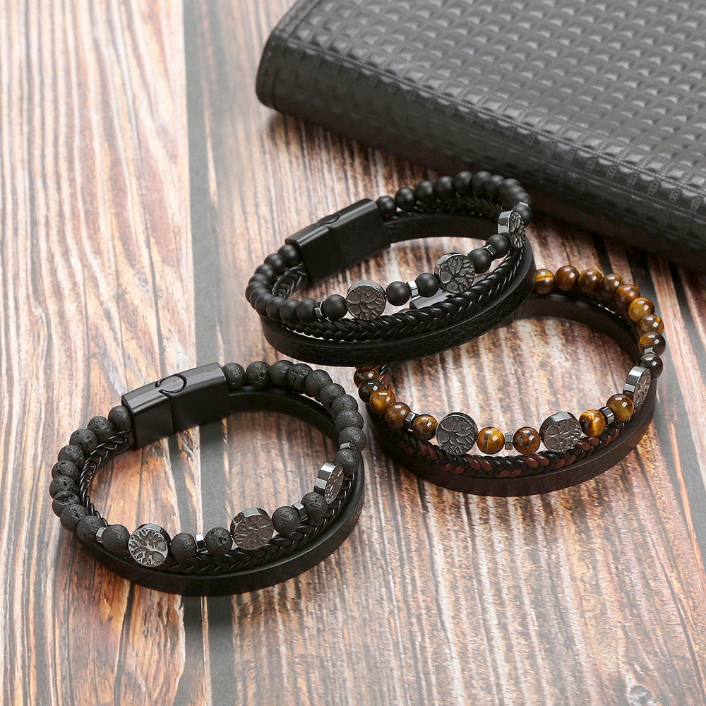 Heren Leren Armband met Gelaagd Design & Kralen | Stoere Stijl & Magnetische Sluiting