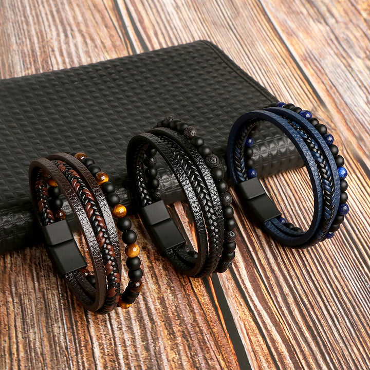 Heren Leren Armband met Gelaagd Design & Kralen | Stoere Stijl & Magnetische Sluiting
