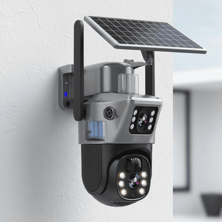DualGuard Solar 4K beveiligingscamera gemonteerd aan een buitenmuur met zonnepaneel