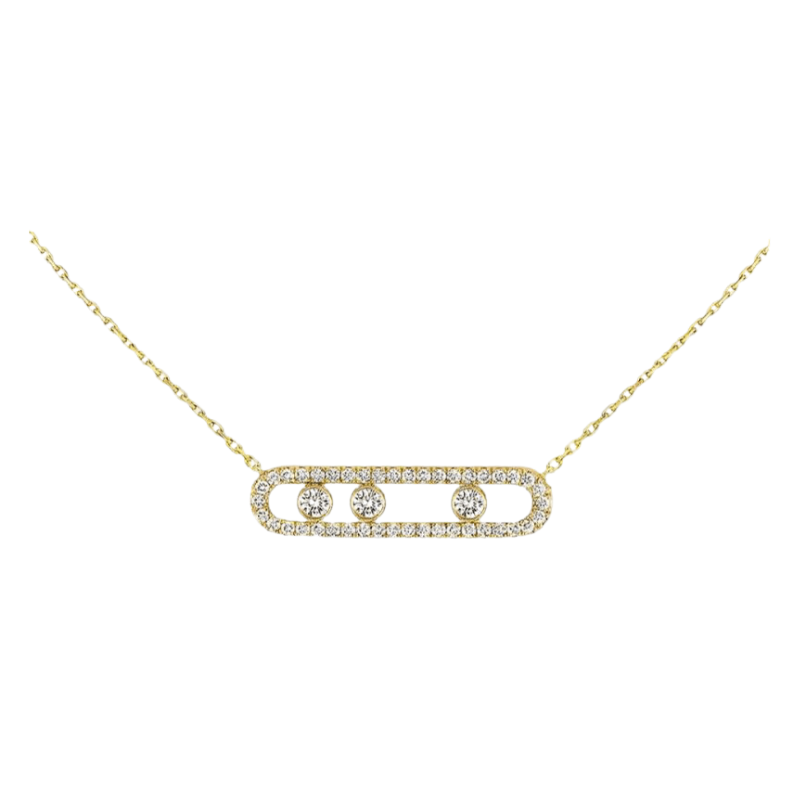 Gouden Aurora ketting met drie bewegende diamanten en pavé-zetting op witte achtergrond