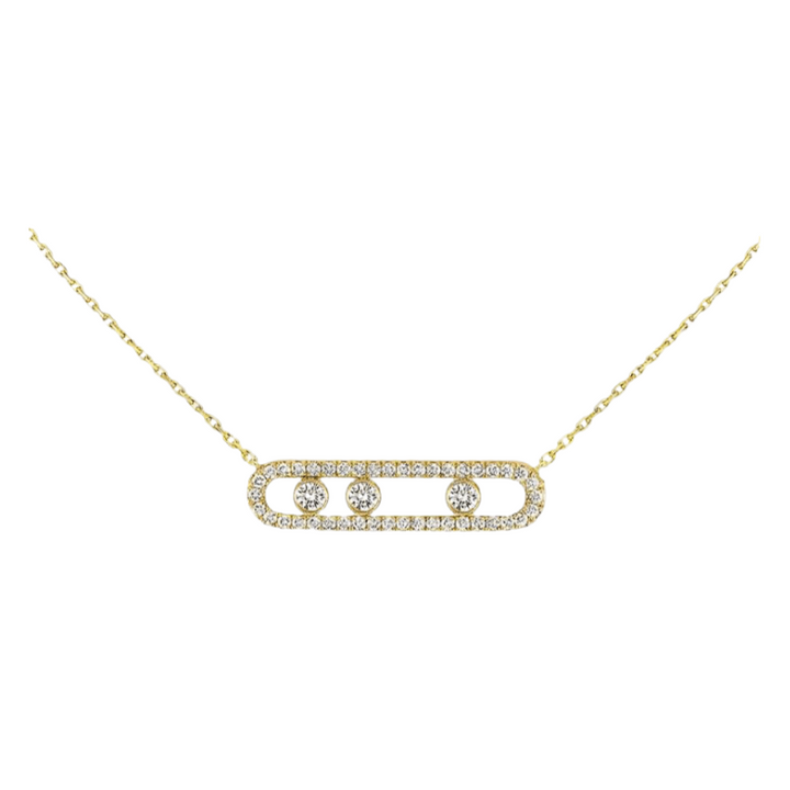 Gouden Aurora ketting met drie bewegende diamanten en pavé-zetting op witte achtergrond