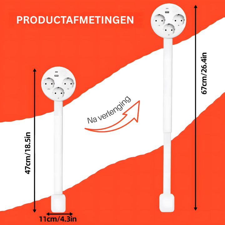 Schema met de afmetingen van de uitschuifbare arm in centimeters