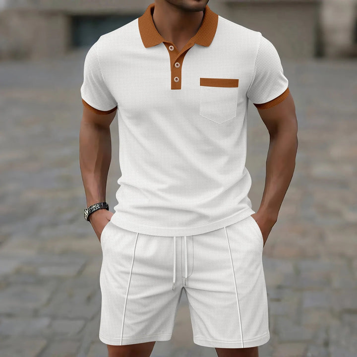 Smart casual heren kleding set bestaande uit een waffeltextuur polo en short