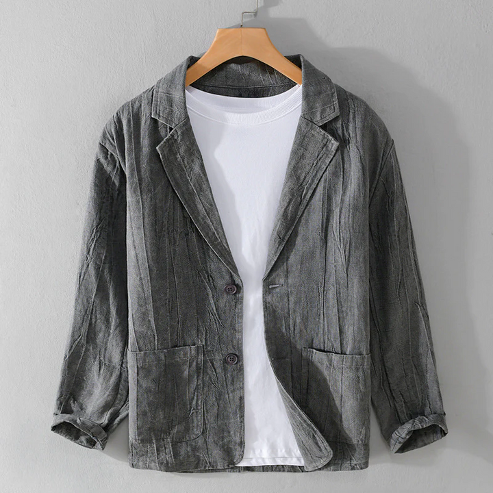 Comfortabele herenblazer voor zomer en herfst, verkrijgbaar in beige en grijs. Lichte casual bovenkleding.