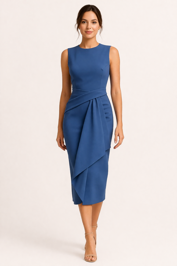 Dames midi kantoorjurk in elegant blauw met wikkeldetails in de taille.