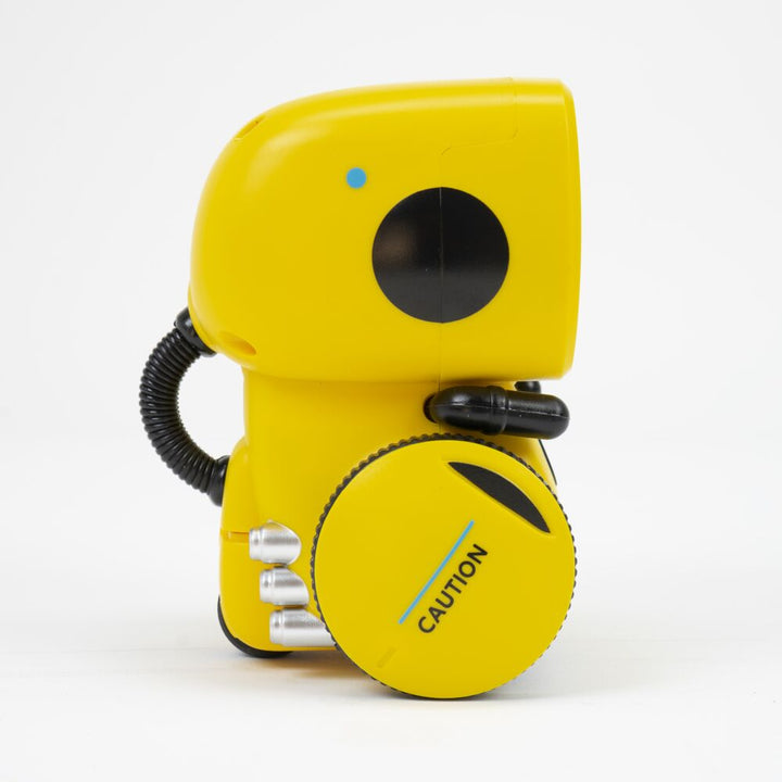Zijaanzicht van de gele smart robot met wielen en details