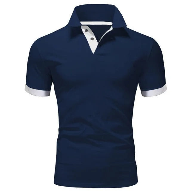 Donkerblauwe herenpolo met witte details op kraag en mouwboorden