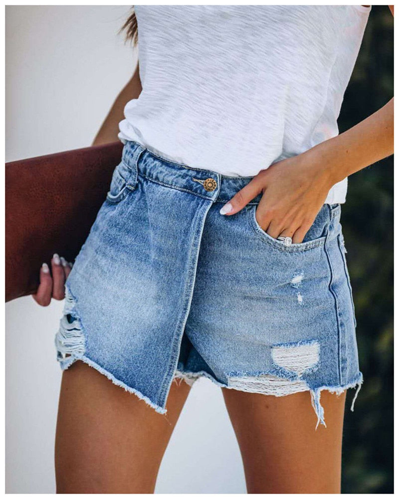 Dames denim skort met destroyed details vooraanzicht