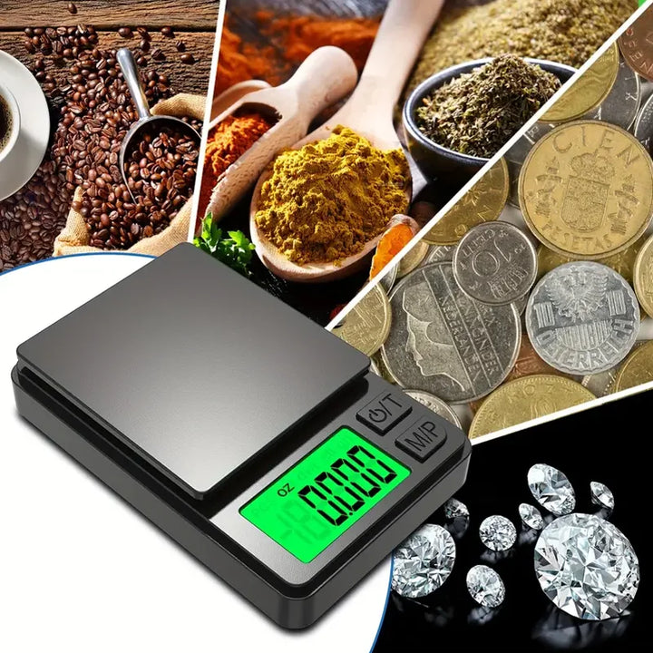 Digitale weegschaal omringd door koffiebonen, specerijen, munten en edelstenen