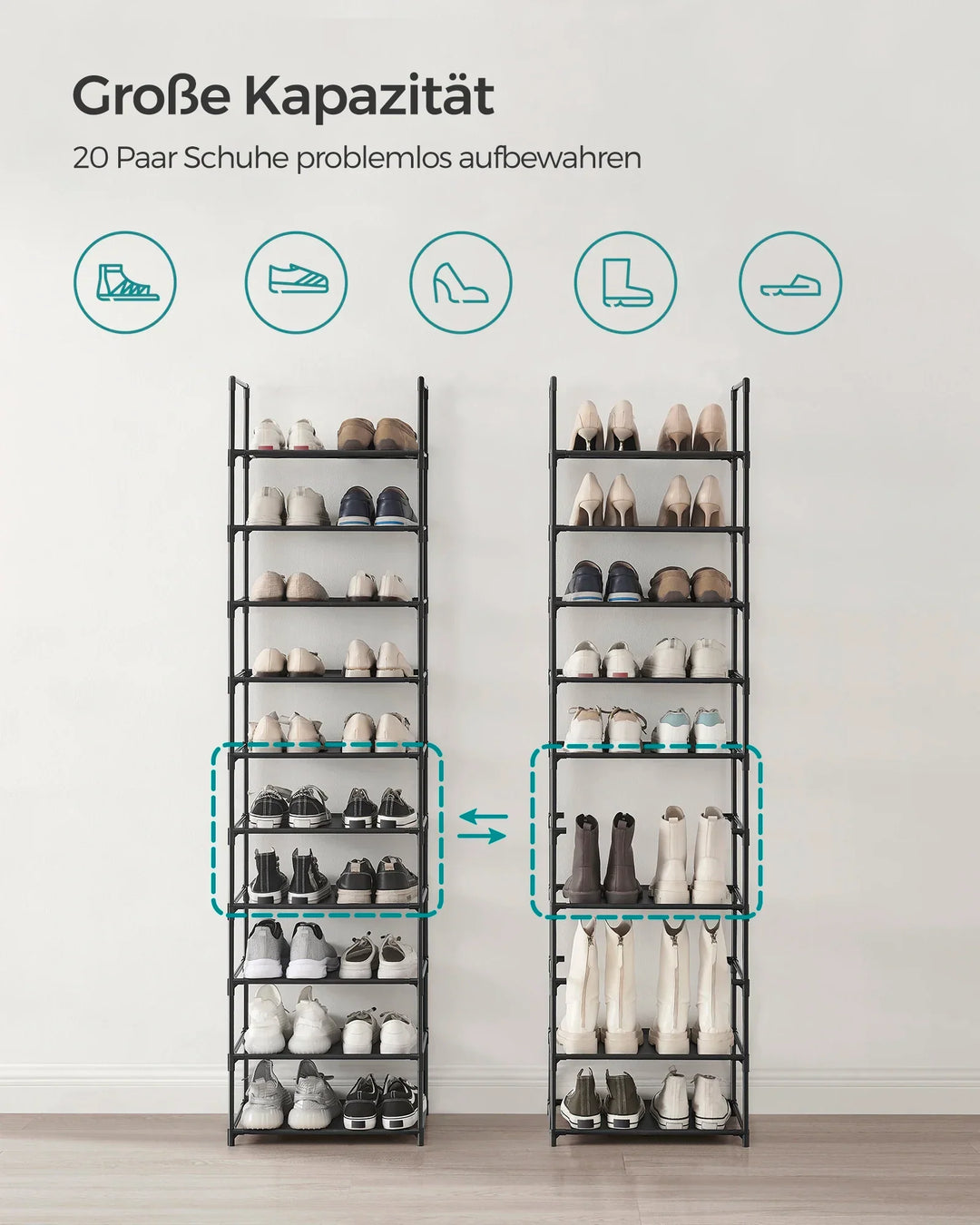 Overzicht van de grote capaciteit en flexibele indeling van het schoenenrek