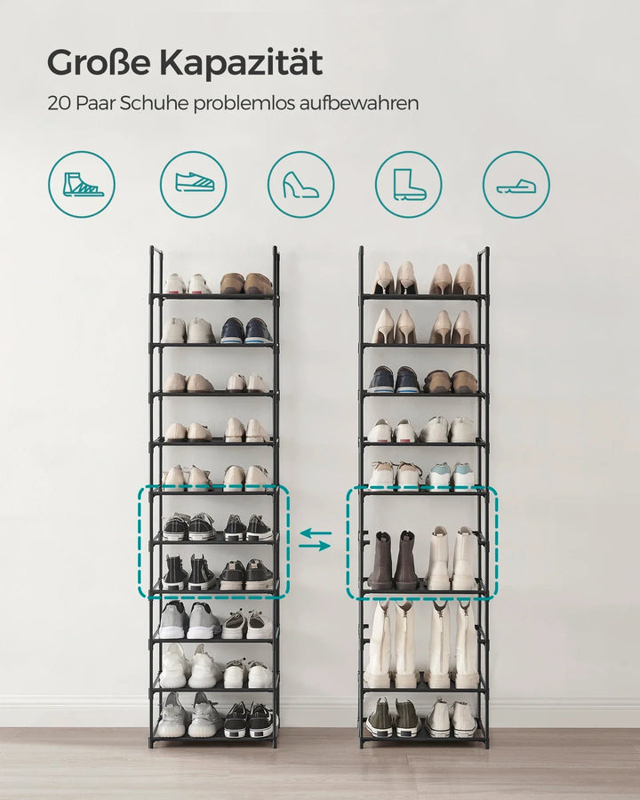 Overzicht van de grote capaciteit en flexibele indeling van het schoenenrek