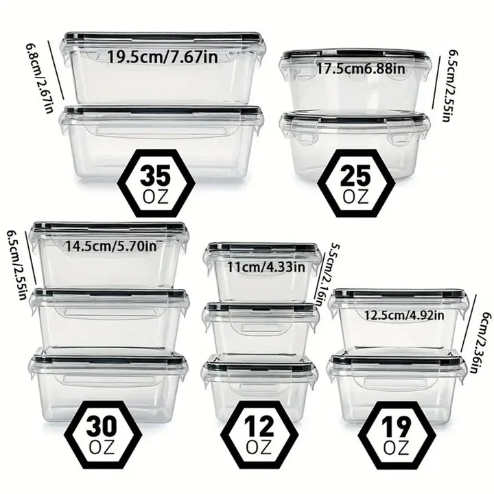Stapelbare vershoudbakjes set, ideaal voor keukenorganisatie en efficiënte maaltijdbereiding.