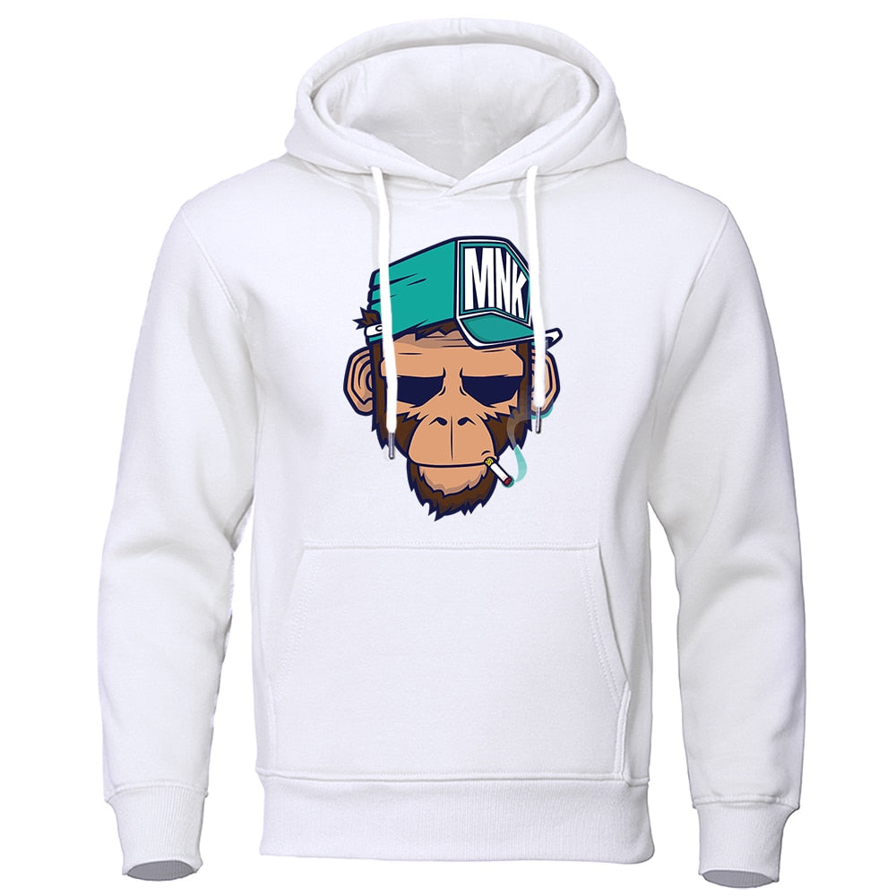 Gedetailleerde weergave van de apenprint op deze trendy heren hoodie, perfect voor een unieke look.
