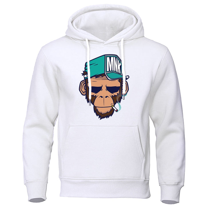 Gedetailleerde weergave van de apenprint op deze trendy heren hoodie, perfect voor een unieke look.