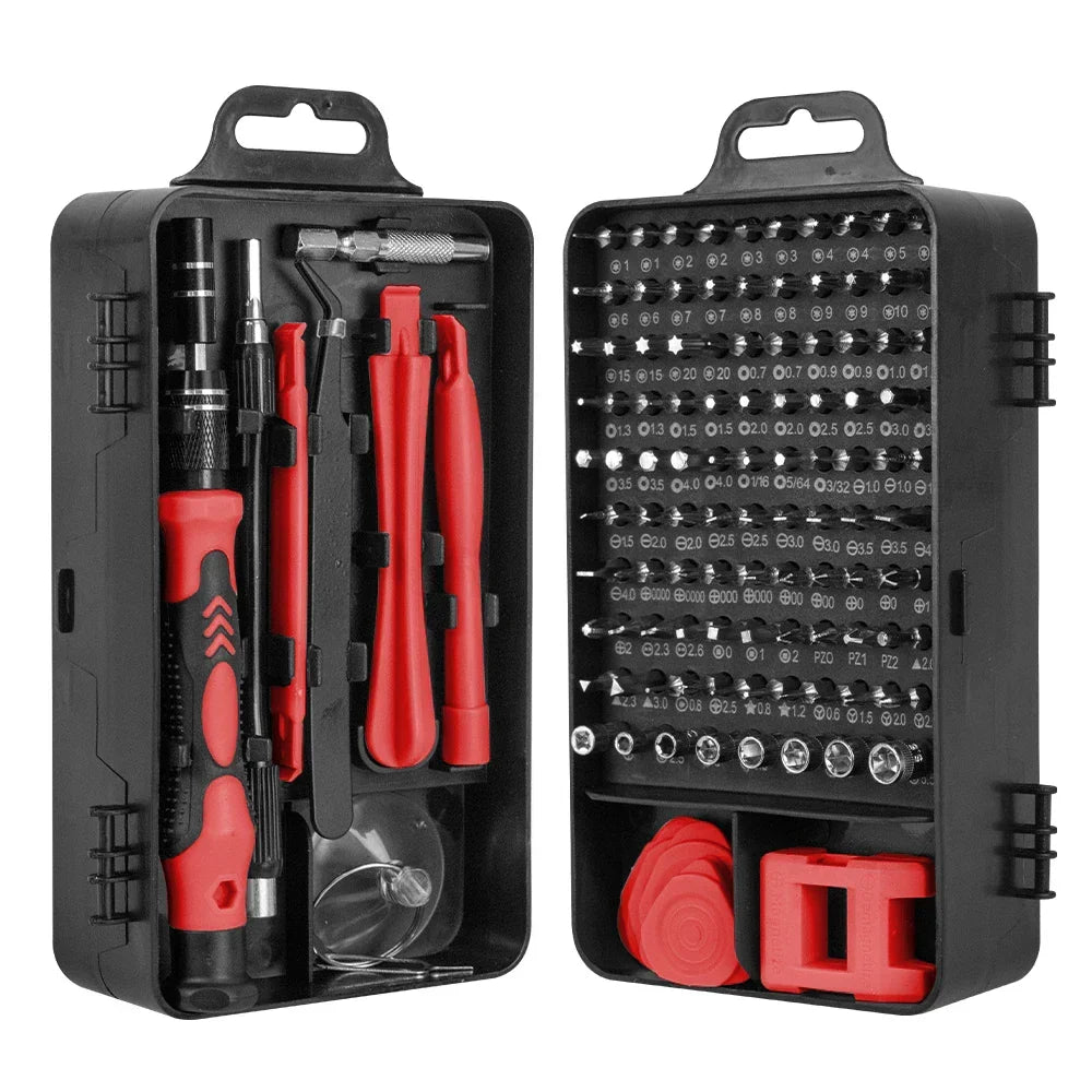 ProFix 115-in-1 precisie schroevendraaierset in compacte opbergdoos voor elektronica reparaties.