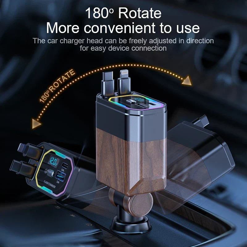 Moderne opvouwbare 120W autolader met USB-C poorten en flexibele sigarettenaansteker adapter voor auto.